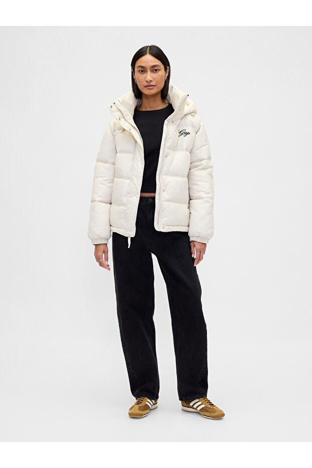 Kadın Beyaz Logo Puffer Şişme Mont - 5