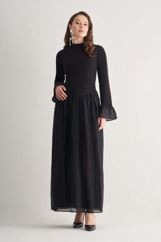 Tül Detaylı Maxi Elbise - 3