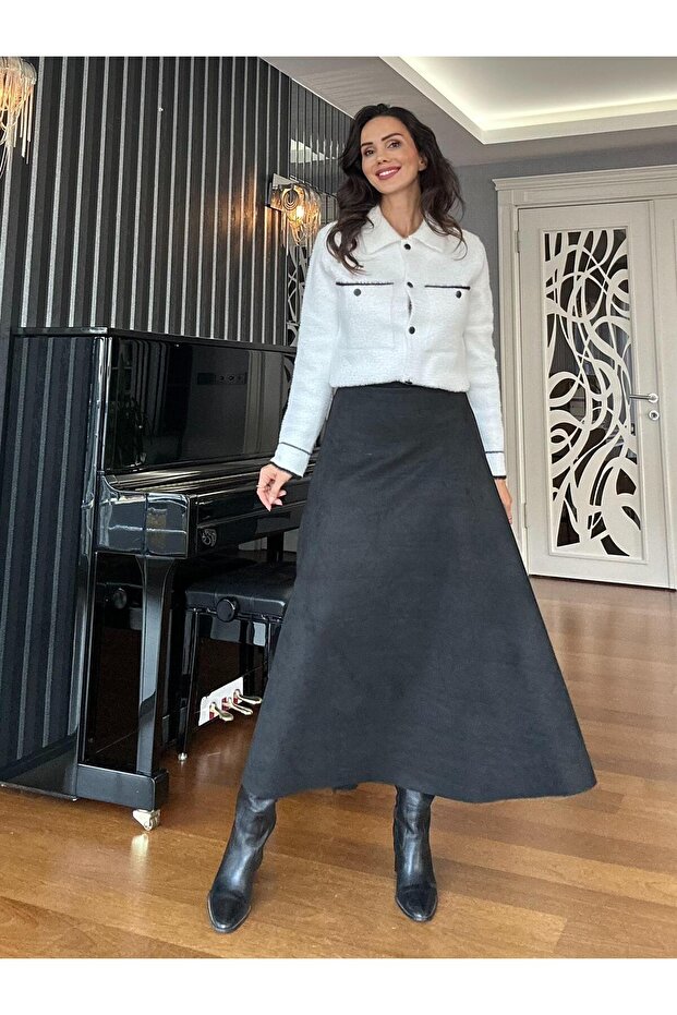Black Elastic Waist Suede Bell Skirt