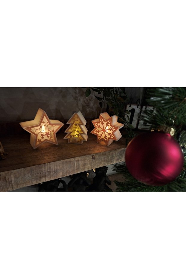 3-Piece New Year Tree and Stars Themed Led Candle Holder (Green, Gold, and Red - Candle Included)