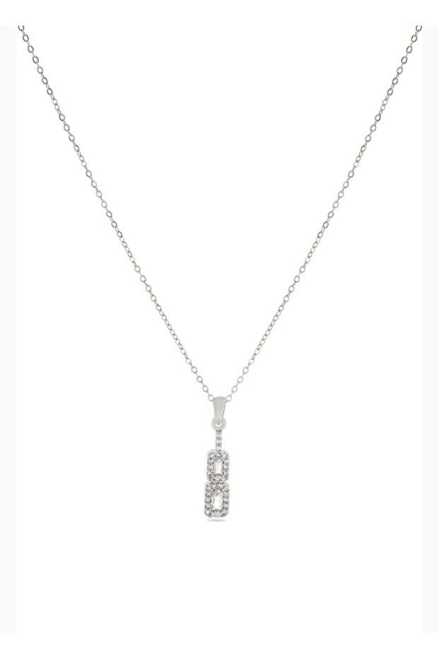 Baguette Stone Detailed Silver Color Steel Necklace