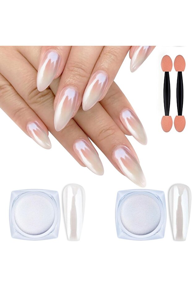 2PCS White Pearl Chrome Nail Powder (Iridescent Aurora) - Metallic Mirror Effect, 2 x 1g