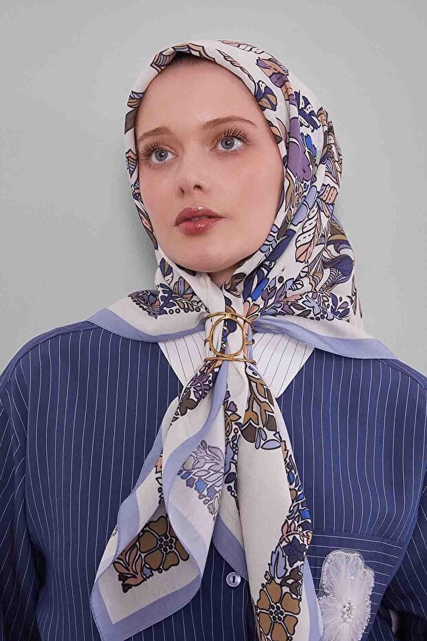 وشاح أورا بنمط أوراق الزهور الزرقاء - 1