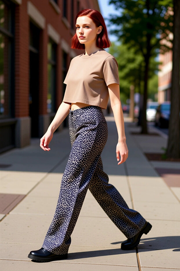 Women's Leopard Patterned Wide Leg Jean Pants Functional Durable Quality Comfortable Modern