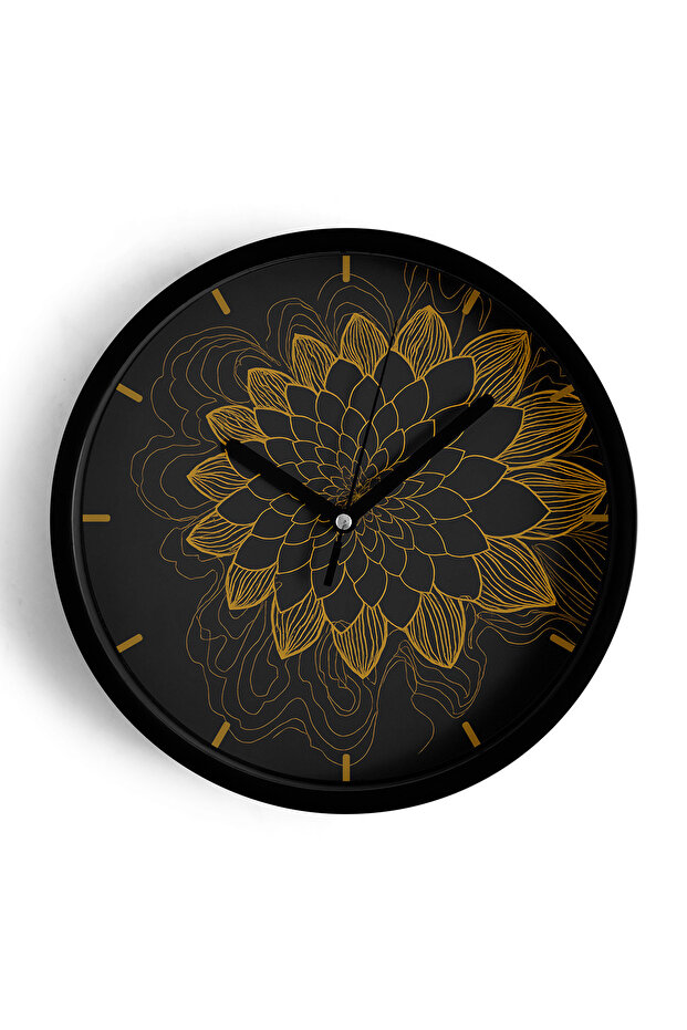 Mandala Style Flower Drawing Modern Wall Clock - 42cm - Black Case with Glass Front - Silent Mechanism