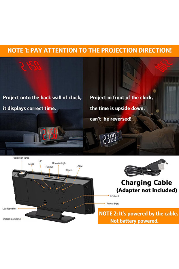 Multifunctional LED clock with projection, Zggzerg, Mirror style, Alarm, LCD temperature display - 5