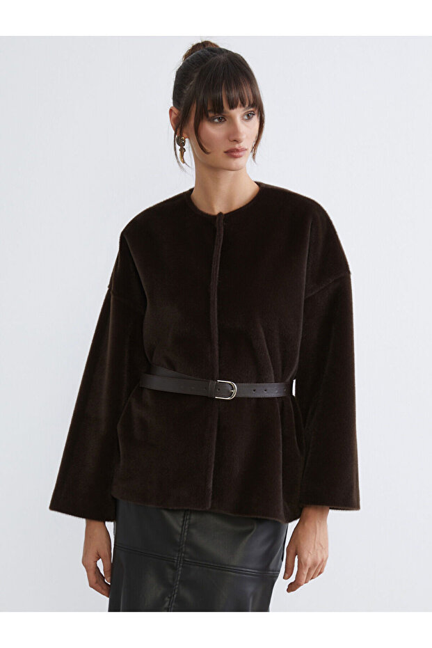 Brown Crew Neck Women's Fur Coat