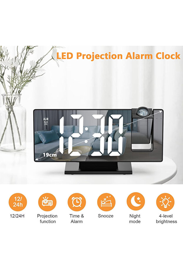 Multifunctional LED clock with projection, Zggzerg, Mirror style, Alarm, LCD temperature display - 3