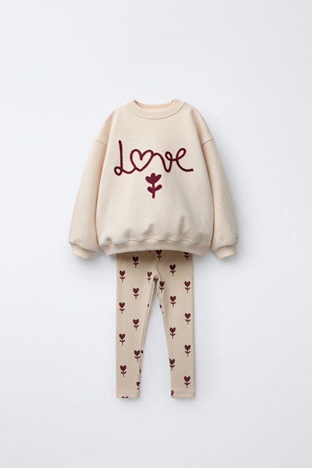 Girl's Cotton Cream Heart-Flower Patterned Sweatshirt & Leggings Set