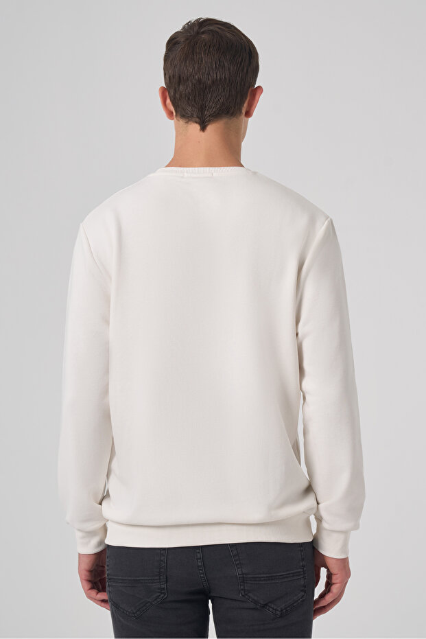 Erkek Ekru Basic Bisiklet Yaka Sweatshirt - 5