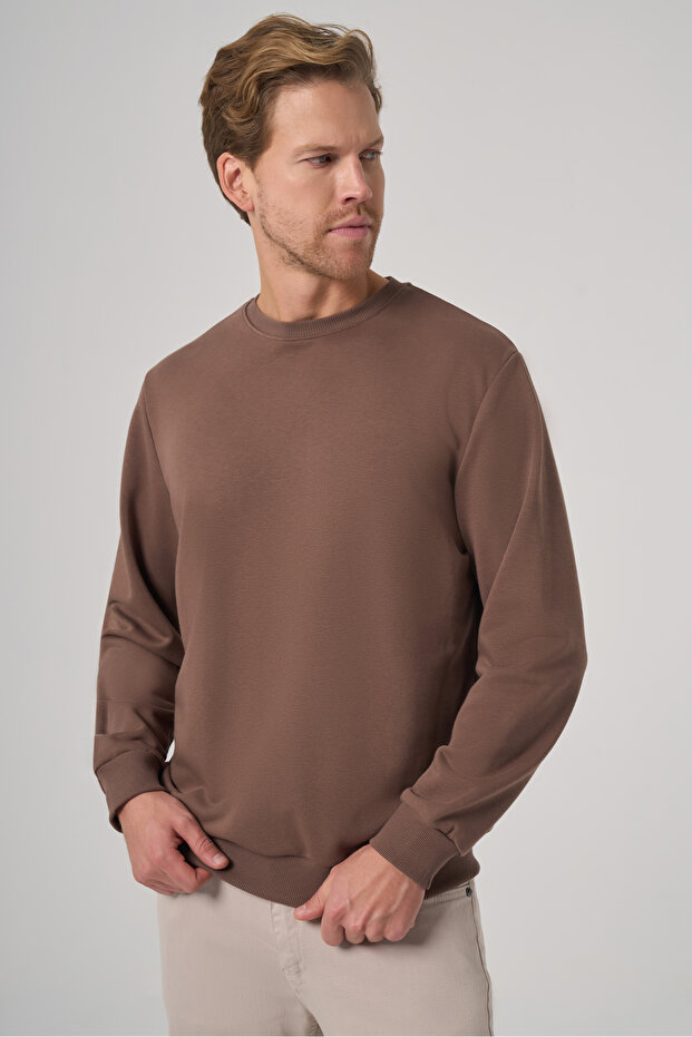 Erkek KAHVE Basic Bisiklet Yaka Sweatshirt - 2