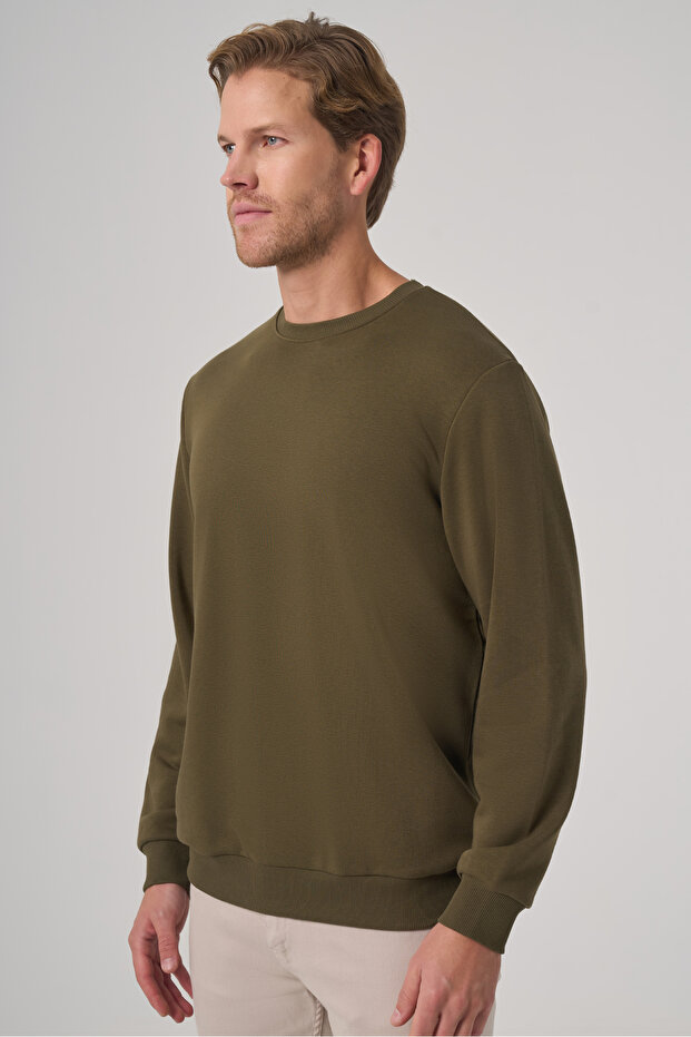 Erkek Haki Basic Bisiklet Yaka Sweatshirt - 2
