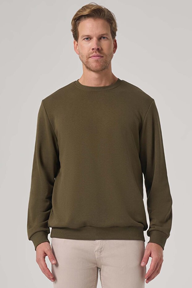 Erkek Haki Basic Bisiklet Yaka Sweatshirt - 1