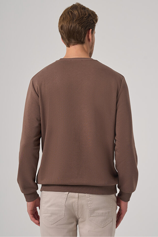 Erkek KAHVE Basic Bisiklet Yaka Sweatshirt - 5