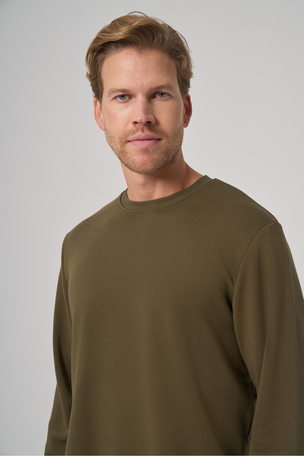 Erkek Haki Basic Bisiklet Yaka Sweatshirt - 4