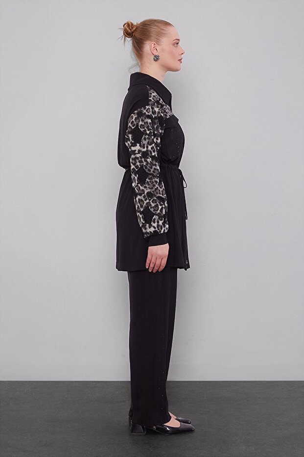 Black Leopard Sleeve Patterned Double Suit - 4