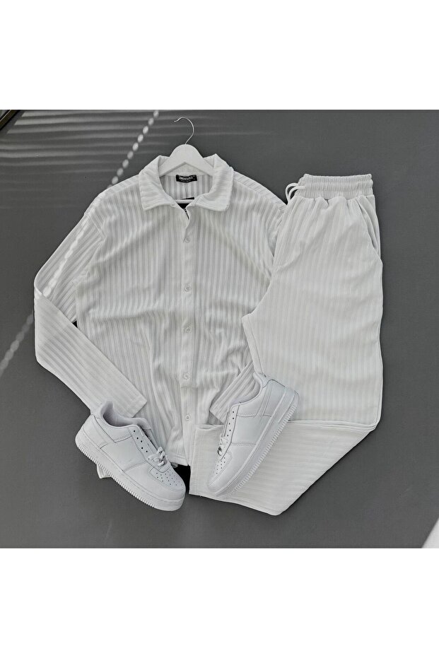 White Stretch Fabric Ottoman Shirt + Trousers Set of 2