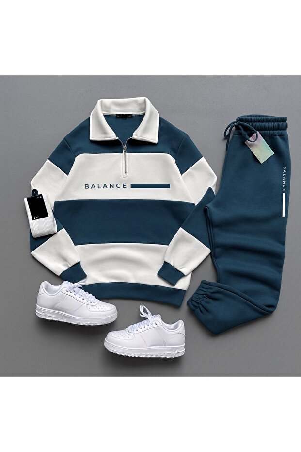 Unisex Petrol Blue Five Piece Mock Neck Balance Printed Tracksuit Set
