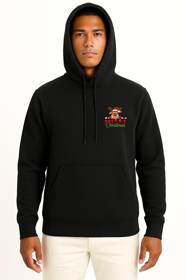 Hooded Merry Christmas Christmas Deer Pocket and Back Printed Unisex Sweatshirt
