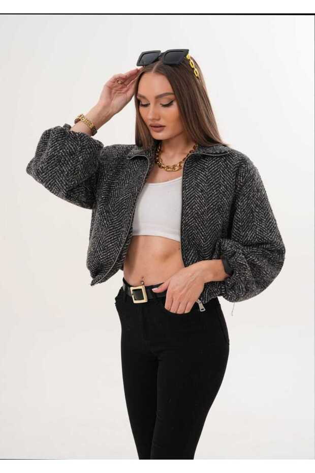 Mock Neck Cashmere Fabric Lined Balloon Sleeve Zippered Coat Women
