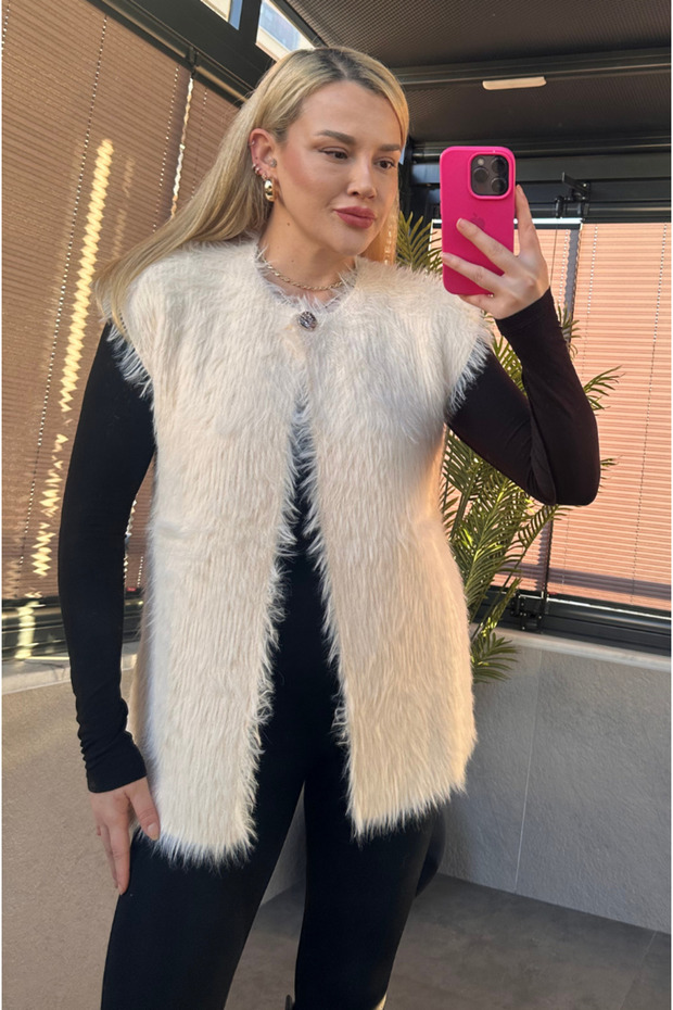 سترة بلون إكرو ذات زر واحد - 7