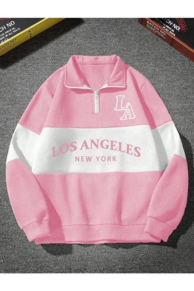 Unisex Pink Los Angeles Printed Oversize Piece Polo Collar Zippered Sweatshirt