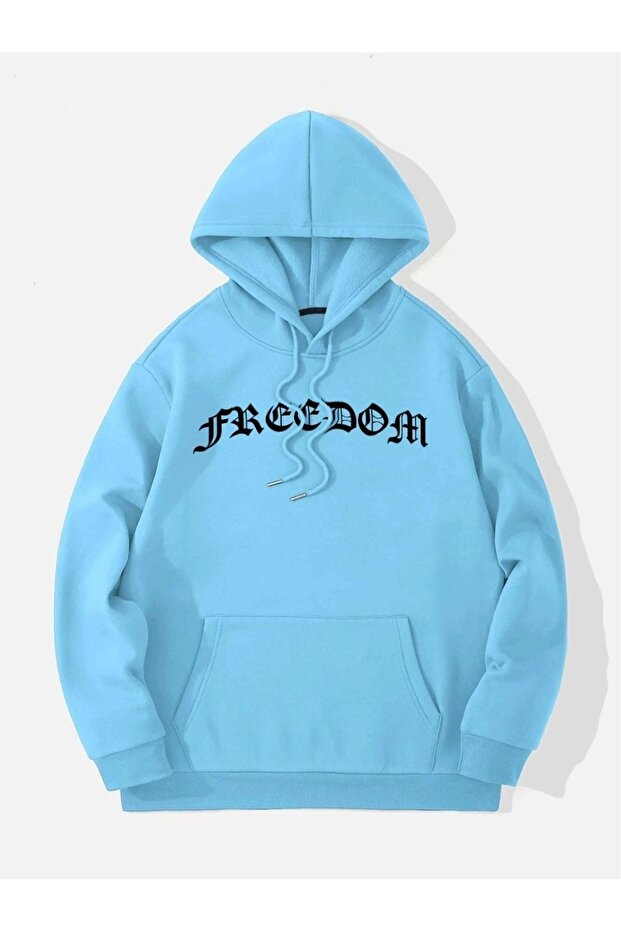 سويت شيرت بقلنسوة كبير الحجم مطبوع عليه Freedom باللون الأزرق للجنسين