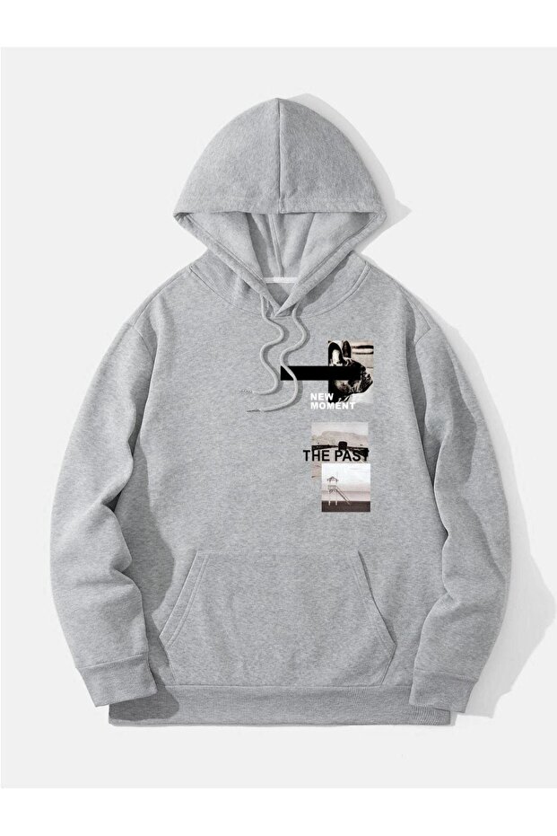 Unisex Gray New Moment Printed Oversize Hooded Sweatshirt