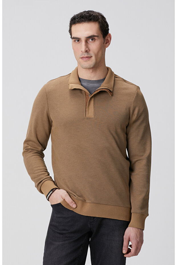 Camel Fermuarlı Yaka Garnili Sweatshirt - 1