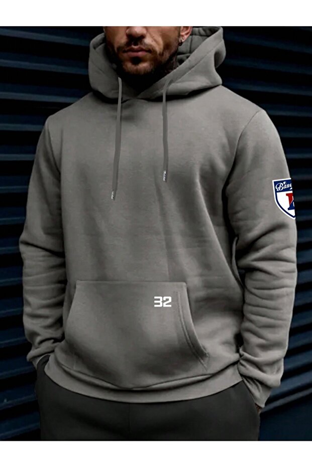 Men's Smoke Gray Baseball Printed Hooded Sweatshirt