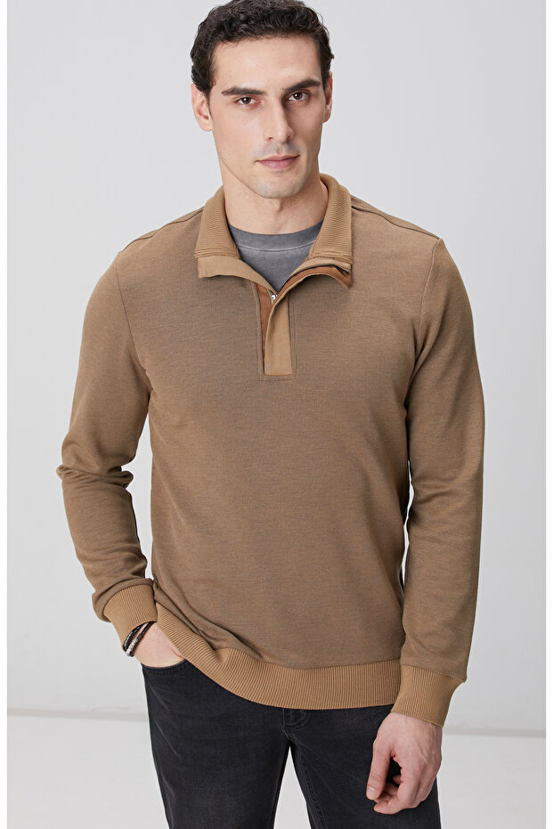 Camel Fermuarlı Yaka Garnili Sweatshirt - 2