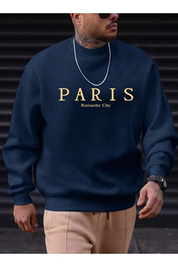 Men's Petrol Blue Paris Romantic City Printed Crew Neck Sweatshirt