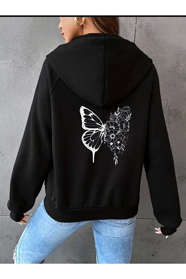Unisex Black Butterfly Back Printed Thin Seasonal Hooded Oversize Cardigan