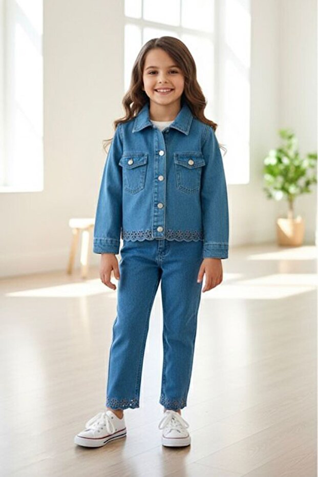 My Little One's Laser Cut Floral Pattern Denim Girl's 2-Piece Set - Blue