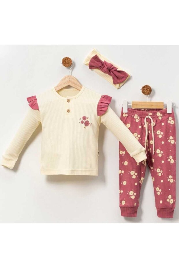 Baby Girl Ecru Purple Floral Patterned Bandana 2-Piece Set