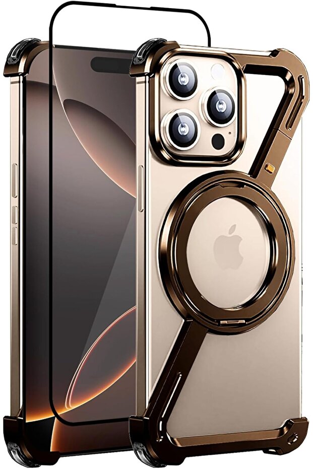 Minimalist Metal Frameless Case with 360° Kickstand for iP 16 Pro Max (Desert+1 Glass)