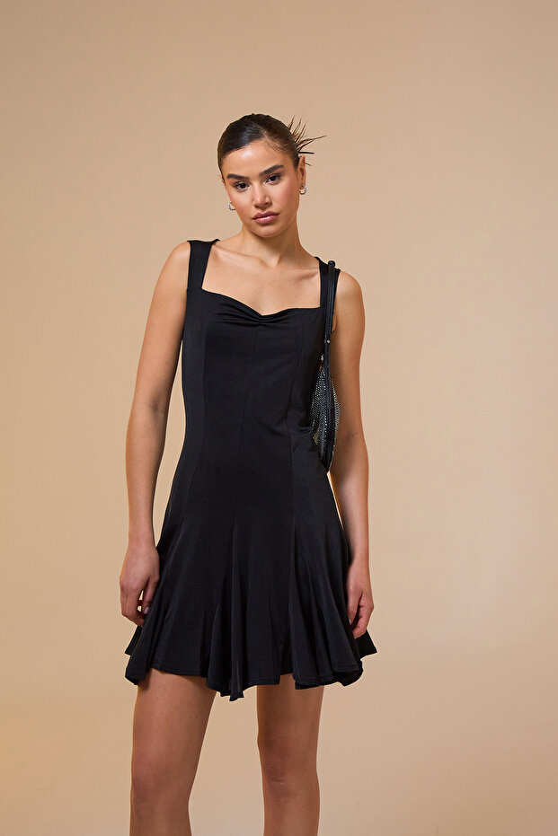 Sidra Siyah Kloş Mini Elbise - 1