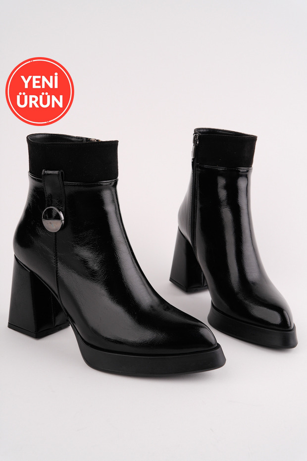 Mira Model Black Pointed Toe Platform Heeled Side Zipper Women's Boots