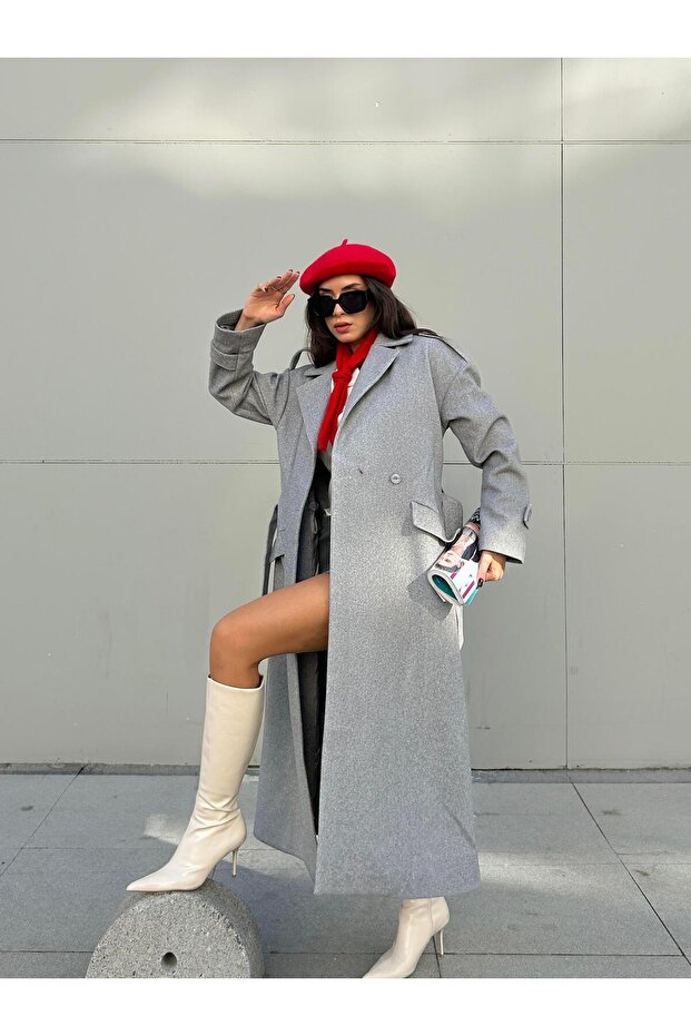 Women's Gray Long Cashmere Coat 30086