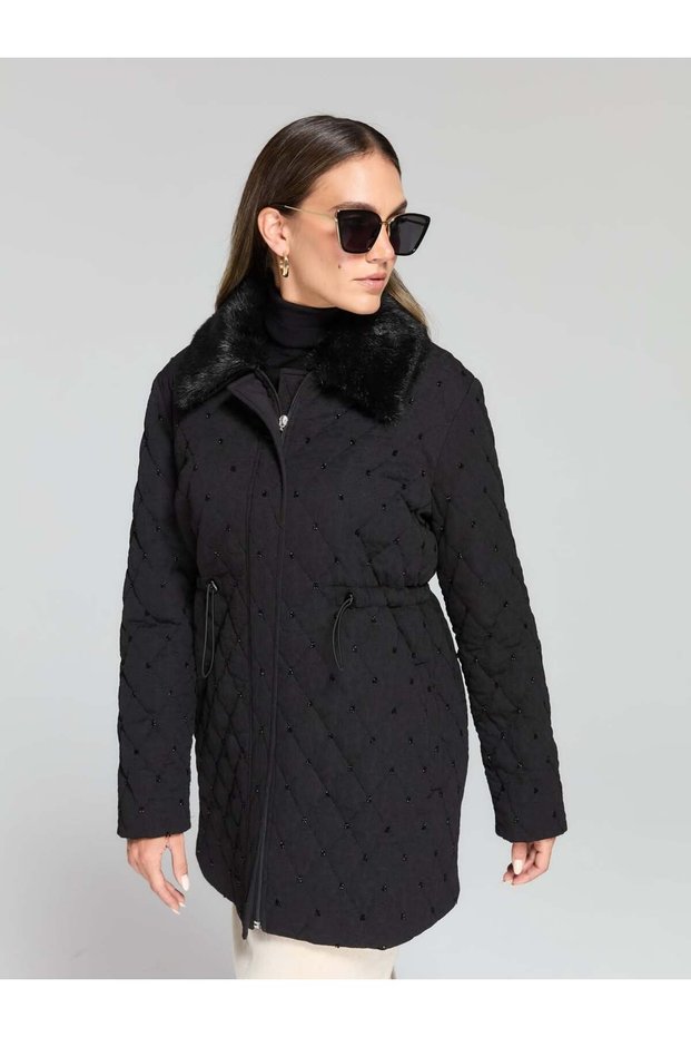 Collar Fur Collar Waist Gathered Beaded Coat