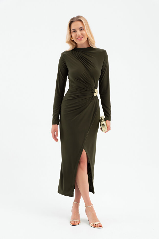 Women's Khaki Slim Fit Accessory Detailed Midi Dress