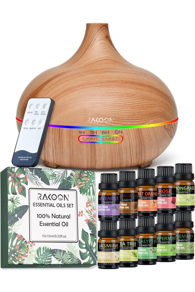 Rakoon Ultimate Essential Oil Diffuser & Essential Oil Set, 550ml, 4 Timer & 15 Ambient Light, Wood