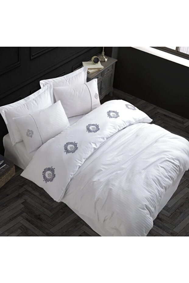 Elegant Embroidered Cotton Satin Double Duvet Cover Set Olimpos White