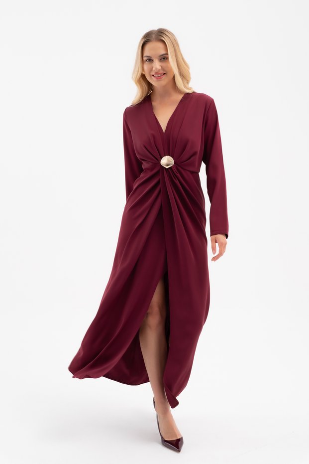 Women's Burgundy Long Sleeve Dress with Oyster Accessories