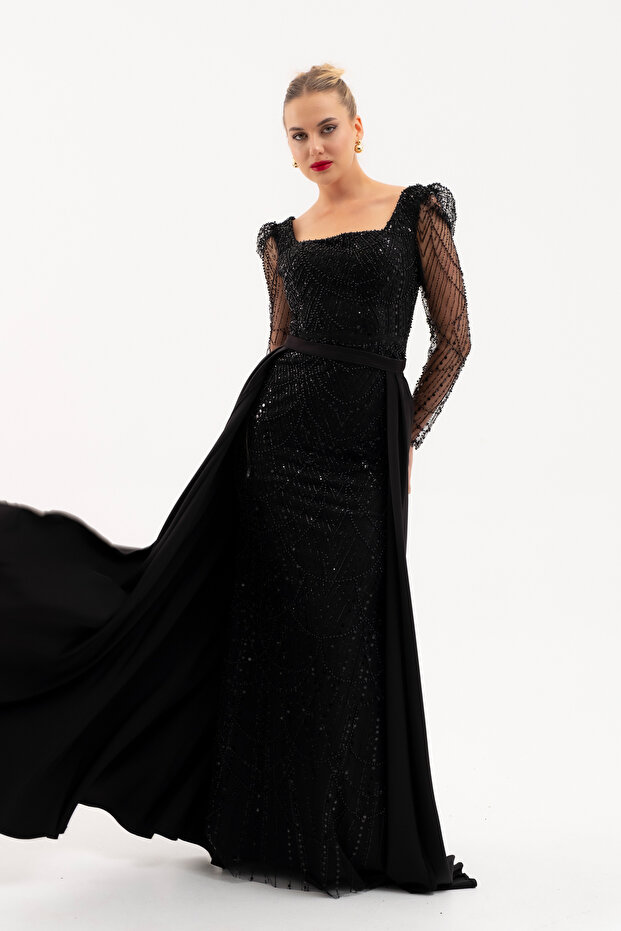 Women's Black Long Sleeve Stone Satin Evening Dress with Tail Accessories