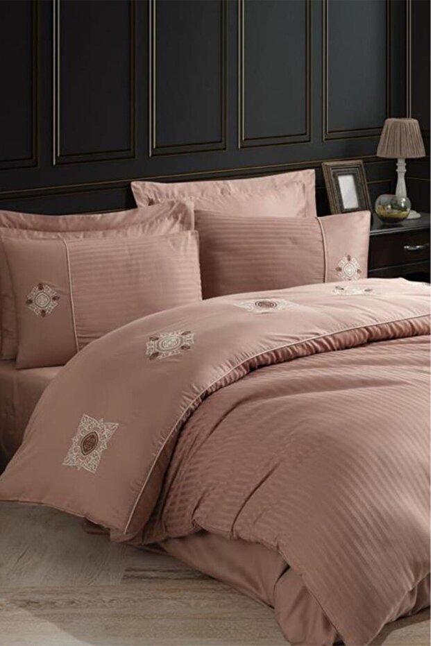 Elegant Embroidered Cotton Satin Double Duvet Cover Set Zeugma Brown