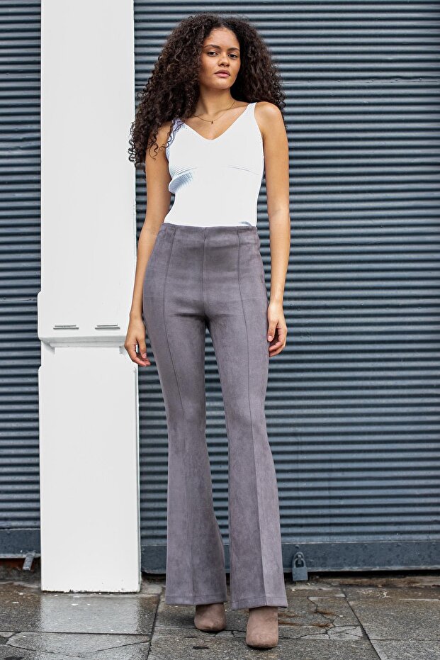 Suede Stretch Fabric Fabric High Waist Front Back Stitched Isanyol Leggings Trousers (Jacket 30071)-Gray