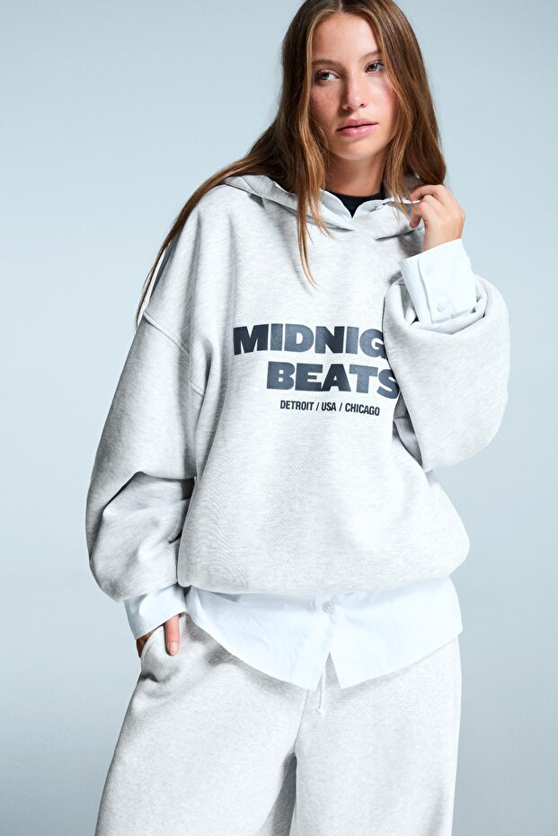 Oversize baskılı kapüşonlu sweatshirt - 1