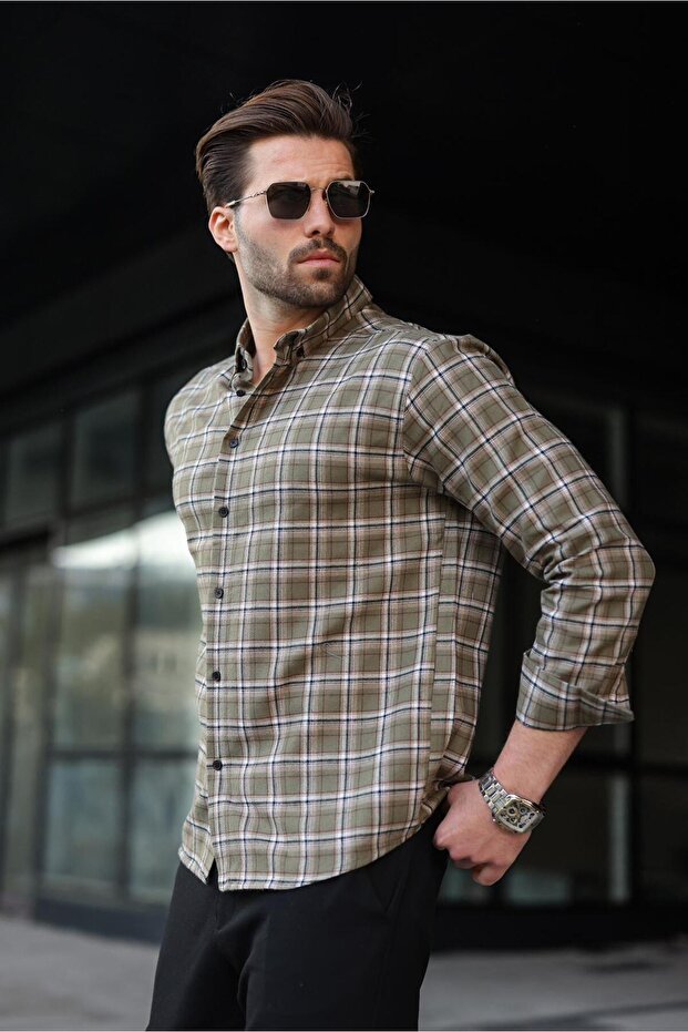 Khaki Buttoned Plaid Patterned Men's Shirt E6768 - 3