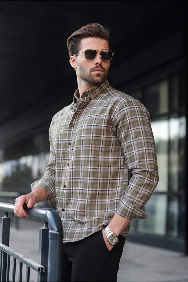 Khaki Buttoned Plaid Patterned Men's Shirt E6768 - 2